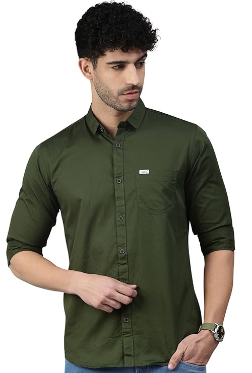 Man Men Classic Slim Fit Pure Cotton Casual Shirt Olive (Medium)